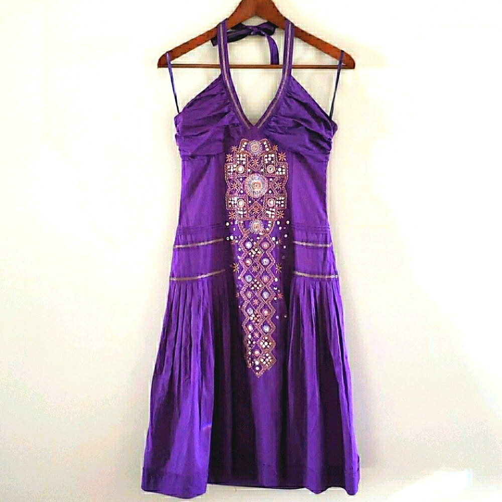 SMART SET Purple & Gold Beaded Embroidery Halter Dress Pleated Skirt 6